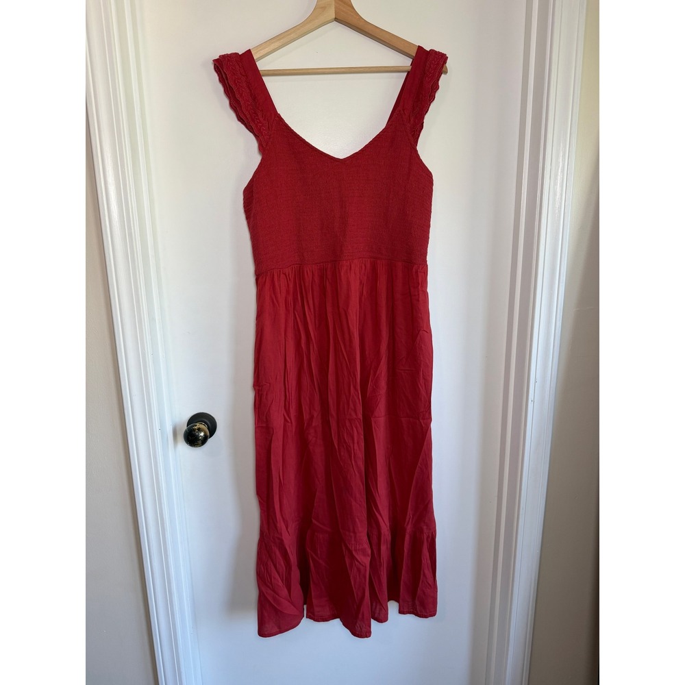 Old Navy Coral Red Smocked Midi Dress Eyelet Ruffle Straps Pockets Large